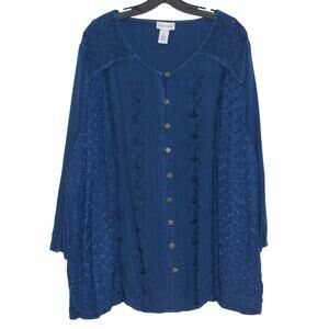 Catherines Button Up Top Embroidered Boho Peasant Blue 3/4 Sleeve Plus Size 4X